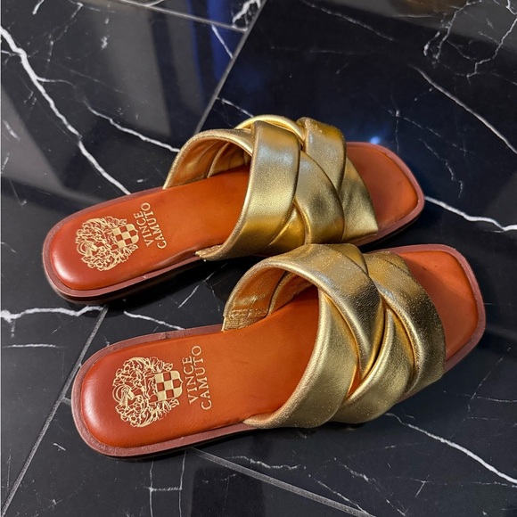 Vince Camuto Gold Woven Slides - Picture 10 of 11